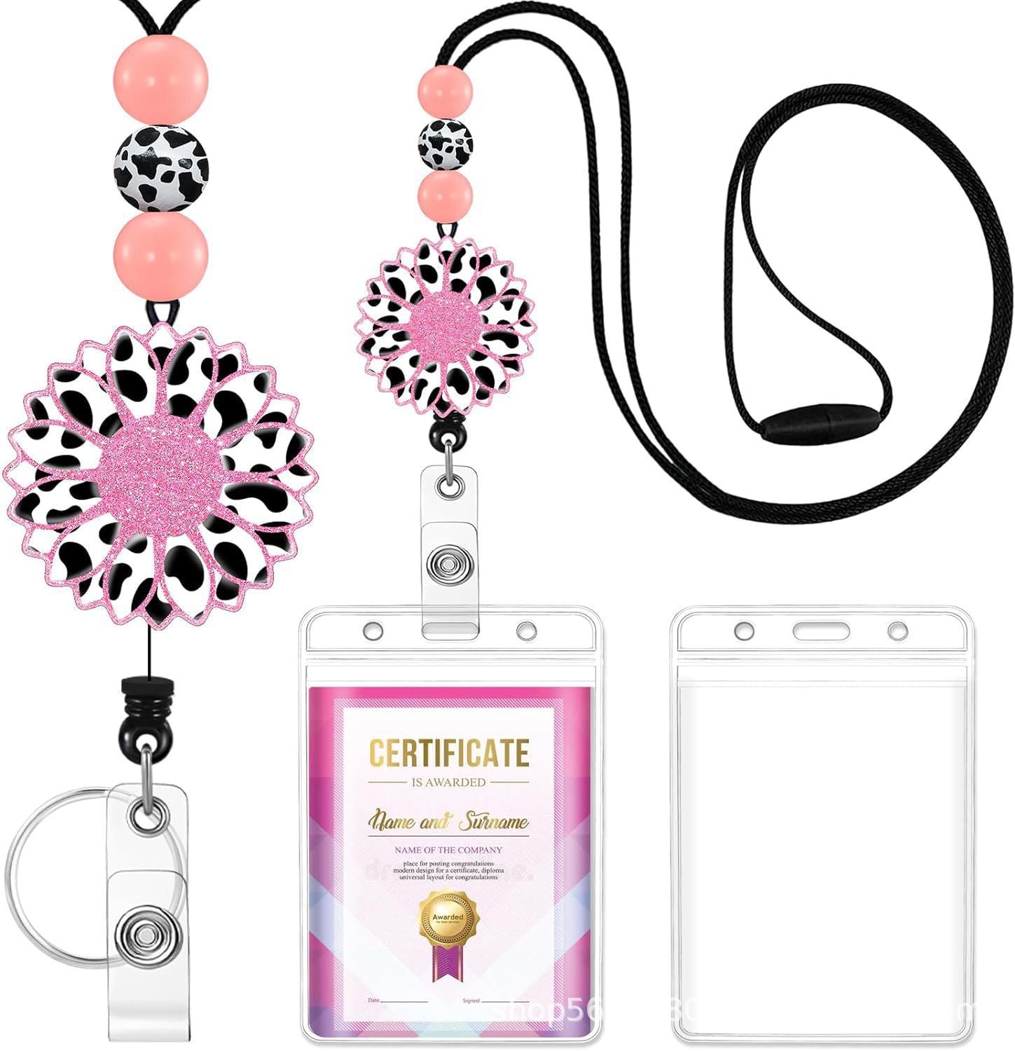 Wholesale Badge Reels Cow Leopard Print West Highland Cow Rainbow Sunflower Card Holder Silicone Beaded Lanyard Retractable Keychain